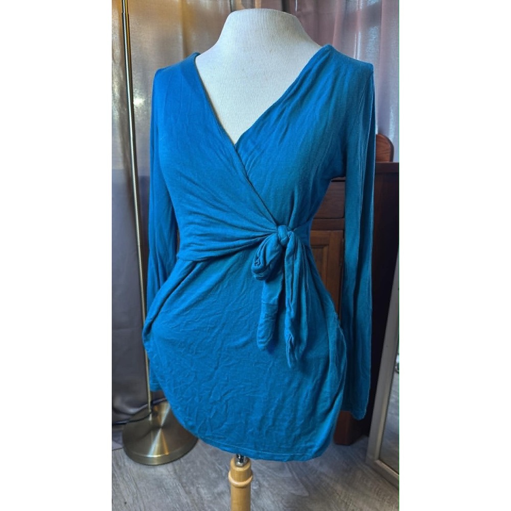 Womens Teal Blue Long Sleeve Wrap Top Side Tie V-Neck Jersey Knit Blouse Small